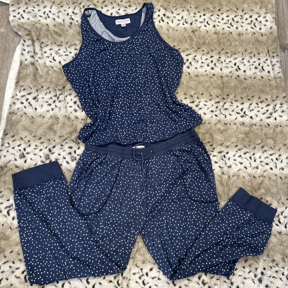 Live Love Lounge Women's 2‎ Piece Lounge Set Blue With White Polka Dots XXL